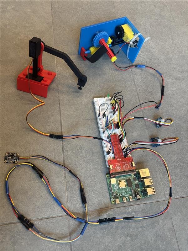 Stay W.O.K.E. prototype: 3D-printed seatbelt-tugging and shoulder-tapping mechanisms wired to a Raspberry Pi and breadboard