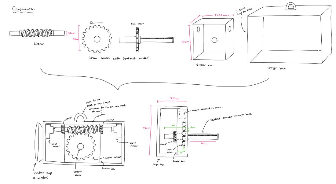 Hand-drawn dimensioned sketch of the worm gear and seatbelt-tugging mechanism