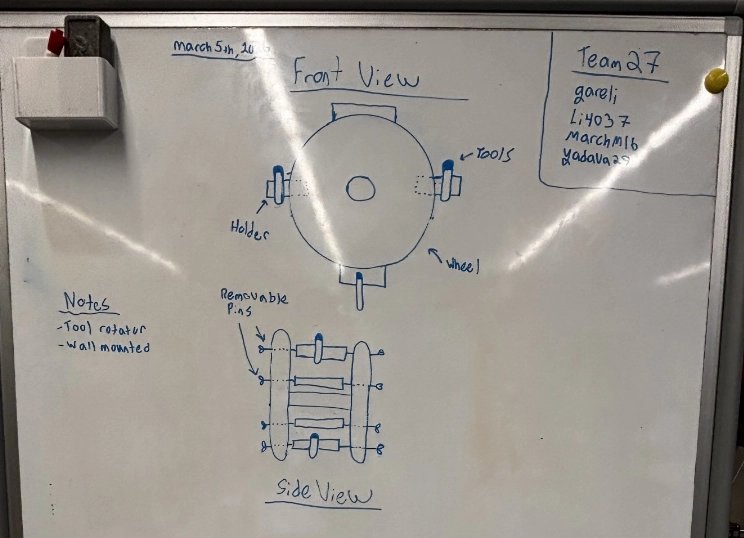Whiteboard sketch of the Tool Turret front and side views, labelling the tool holders and removable pins