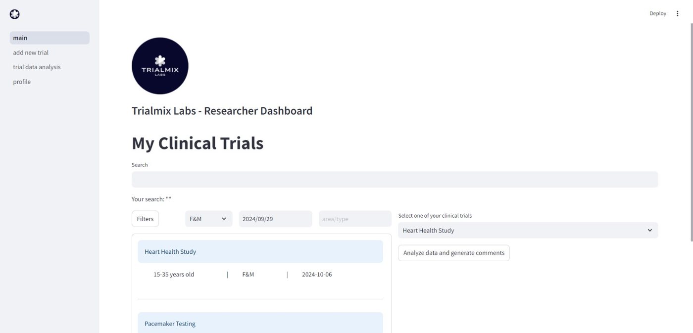 Trialmix Labs researcher dashboard showing a list of clinical trials